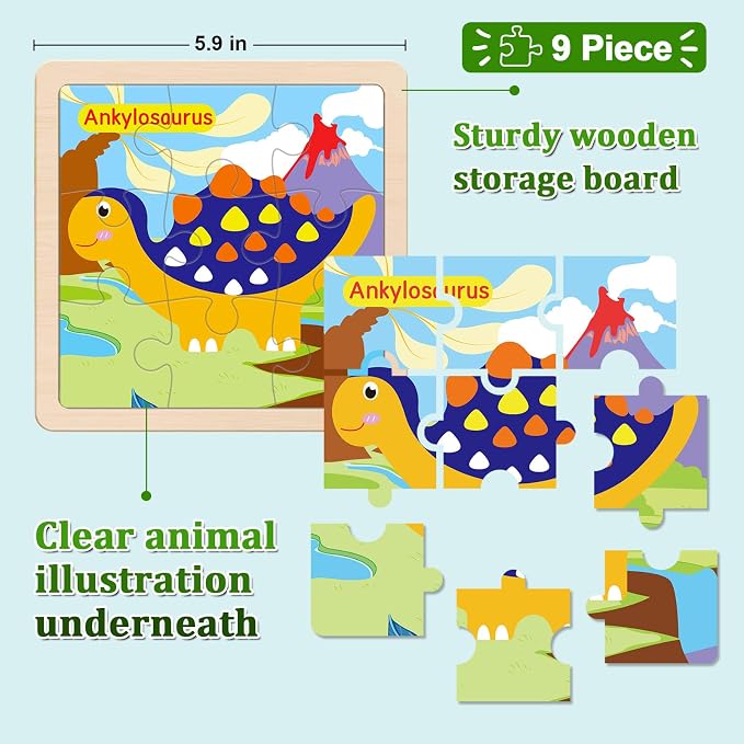 Wooden Puzzles for Toddlers 3+, 9 Pieces Dinosaur Jigsaw Puzzles for Kids Ages 3-5, Preschool Learning Activities, Learning & Educational Toys, Gifts for Boys, Girls