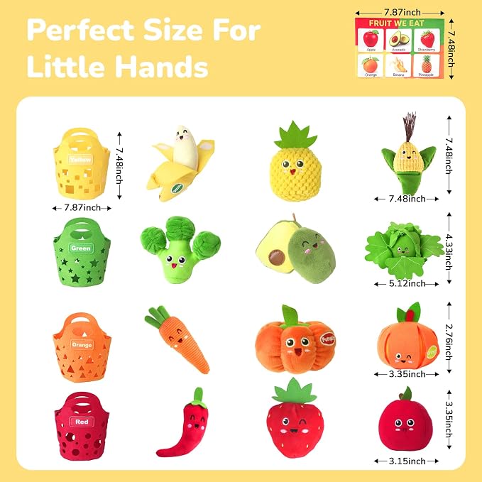 Baby Color Sorting Sensory Toys - Fruit Vegetable Play Food 1 Year Old Toys | Plush Pretend Play Toy for Toddlers 1-3, Montessori Toys Baby 6-12 Months Boy Girl Birthday Gifts, Peelable, Crinkle & Rattle