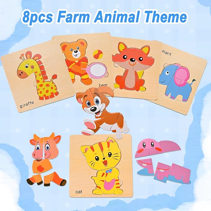 8pcs Wooden Puzzles for Toddlers 2 3 4, Toddler Puzzles Ages 1 2 3 4 | Montessori Educational Jigsaw Toys Puzzles Christmas Birthday Gift for Kids Girl Boy 1-4 Year Old (Zoo Animals)