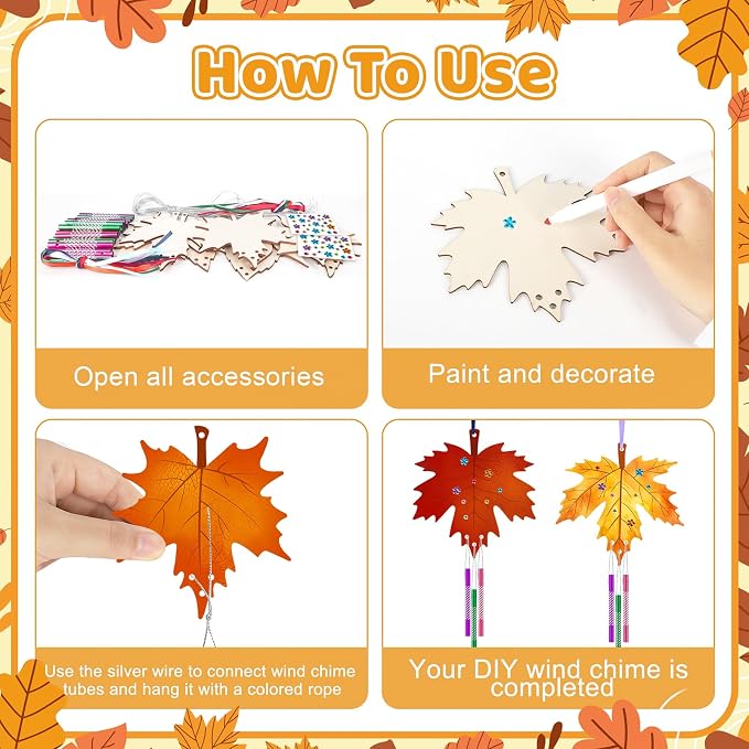 Sealmic Wooden Fall Wind Chime Kit Make Your Own Maple Leaf DIY Wind Chime Kit Coloring Fall Craft for Hanging Ornaments Thanksgiving Autumn Halloween Party Craft 9 Pack