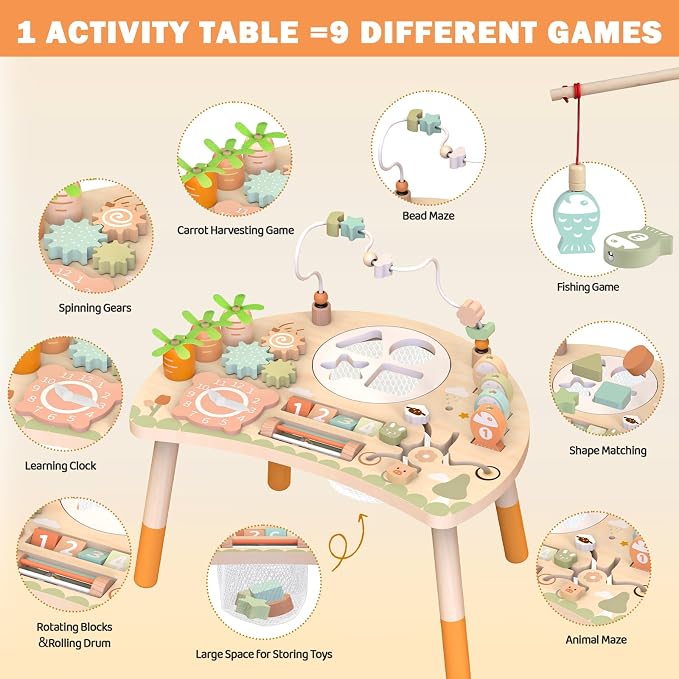 Weilim Activity Table for 18 Months+, 9-in-1 Wooden Montessori Toddler Toy | Bead Maze, Magnetic Fishing Game, Shape Sorter, Spinning Gears, Teach-Time Clock, Animal Maze, Carrot Harvest and More