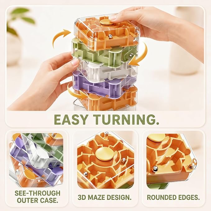 6 Layer 3D Rolling Ball Maze Cube, 2 in 1 Spin Fidget Toy for Kids | Fidget Toy and Stress Toy, 3D Brain Teaser Puzzle Game Portable Activity Toy Birthday Gifts for Kids Ages 3-7+ Boys Girls