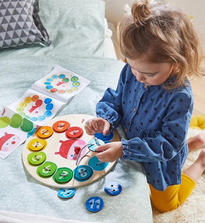 HABA Caterpillar Rainbow Preschool Learning Activity with Colors & Numbers, Threading Game & Fine Motor Skills Toy for Kids, Lacing Cards for Kids Ages 3+
