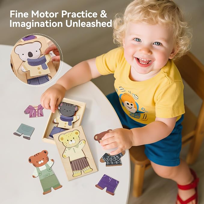 Wooden Animal Dress-Up Puzzle for Ages 3+, 21 Mix-and-Match Pieces with Storage Box, Montessori Matching Toy for Fine Motor Skills and Imaginative Play, Birthday