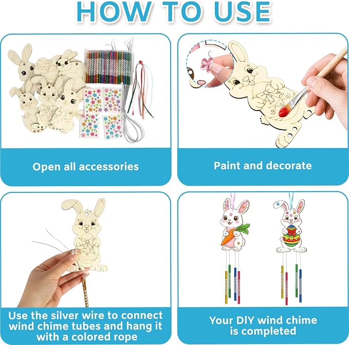 Wooden Easter Bunny Wind Chime Kits Make Your Own Easter Crafts for Kid Coloring DIY Easter Rabbit Wind Chime for Spring Party School Classroom Hanging Decoration Supplies Birthday Favor 6 Pack
