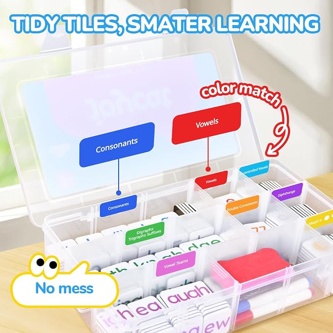 JoyCat 265 Phonics Magnetic Letter Tiles, ABC Word Building Kit with Folder | 265 phonics letter tiles with word-building folder help kids for preschool classrooms and homeschool learning.