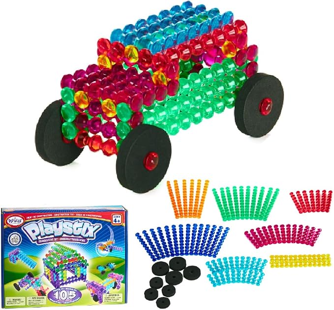 POPULAR PLAYTHINGS Playstix Translucent Set, 105 Piece, Building Sticks Kit | for Kids Ages 4 and Up, Construction Stem Building Toy Gift, for Boys & Girls, for Kids