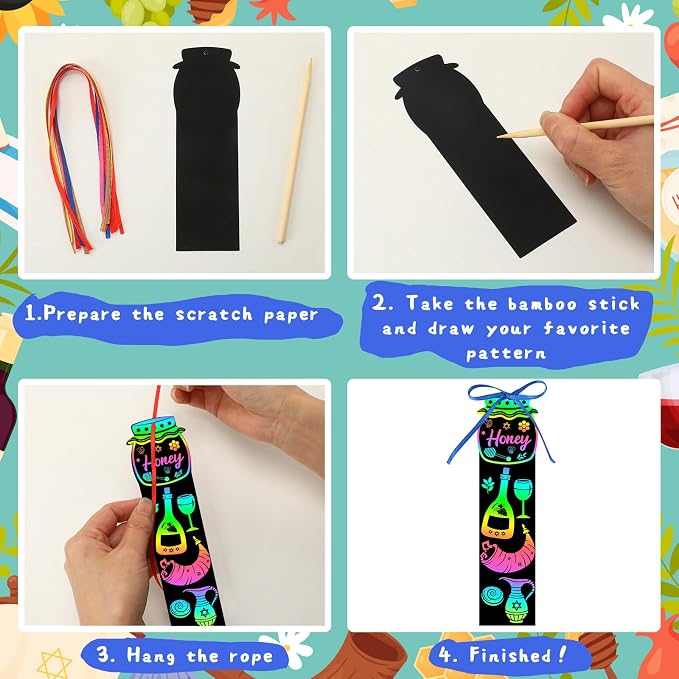 JUNEBRUSHS Rosh Hashanah Scratch Art Bookmarks 30 Pack Jewish New Year Scratch Cards Rosh Hashanah Crafts for Jewish Activities Rainbow DIY Gifts Party Supplies
