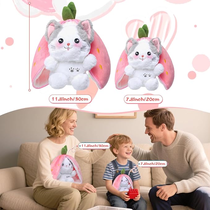 MIAODAM Strawberry Cat Plush Stuffed Animal, Cute Reversible Plush Toy | Funny Transformable Cat Plushies Toy in A Strawberry Stuffie for Kid (7.8inch)