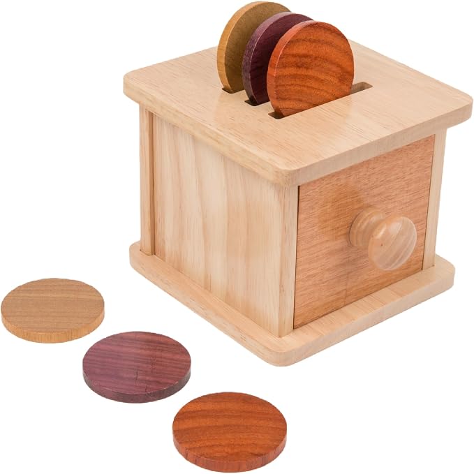 Adena Montessori Wooden Double-Sided Coin Box Object Permanence 6-12 Months | Solid wood, smooth edges. Two play modes, 6 coins. Builds grip, focus, fine motor. For 6-12 month infants. Gift.