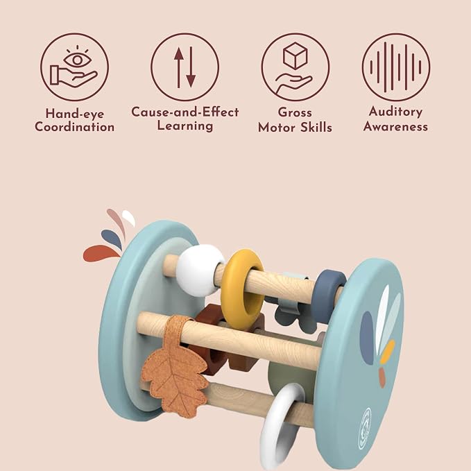 Fox Roller Rattle Baby Toy Wooden Sensory Rolling Toy 6M+ | fox roller sensory design, wooden rattle, baby rattle, infant toys, grasping fine motor, auditory play, newborn boys girls