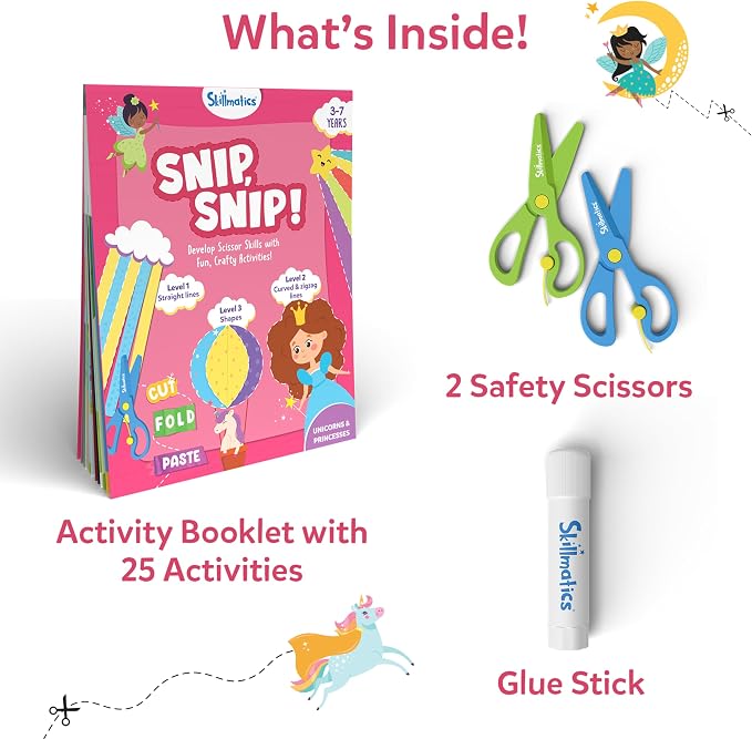 Skillmatics Snip Snip Unicorns & Princesses, Scissor Skills, Felt Craft Kit | Cutting Activity, Safety Scissors, Fine Motor Skills for Preschool, Screen-Free, Learning Toy, Girls & Boys Ages 3, 4, 5, 6