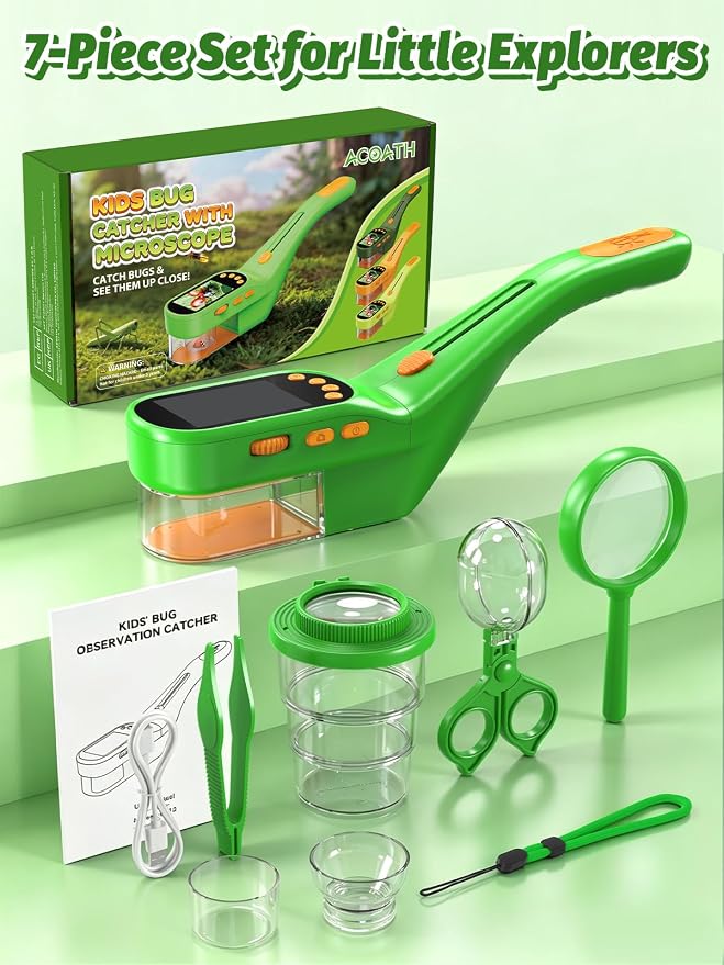 Acoath Bug Catcher, 2.4" IPS Screen Bug Catching Kit, Microscope for Kids | Handheld Digital Miniscope, Outdoor STEM Toy Portable Pocket Microscope Gifts for Age 5 6 7 8 9 10 11 12