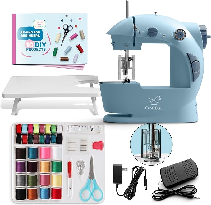 CraftBud Mini Sewing Machine for Beginners, Adults and Kids Sewing Machine | 48-Piece Sewing Kit Accessories, Portable, Dual Speed, Extension Table, Foot Pedal, Built-in Light, Guide Book & More, Blue