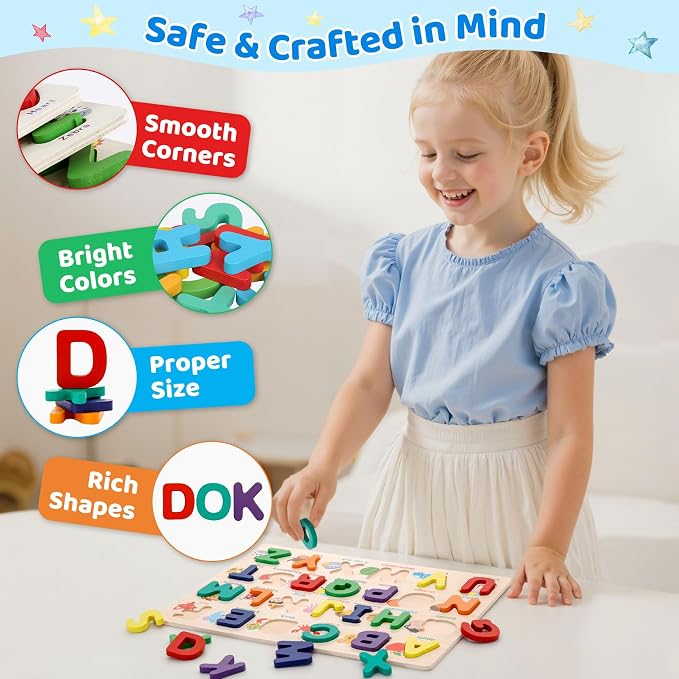 Alphabet Puzzle Wooden Puzzles for Toddlers ABC Shape Learning Toddler Toys | ABC Puzzle with Board & Letter Blocks, Preschool Educational Toys for Girls Boys, Pattern Alphabet