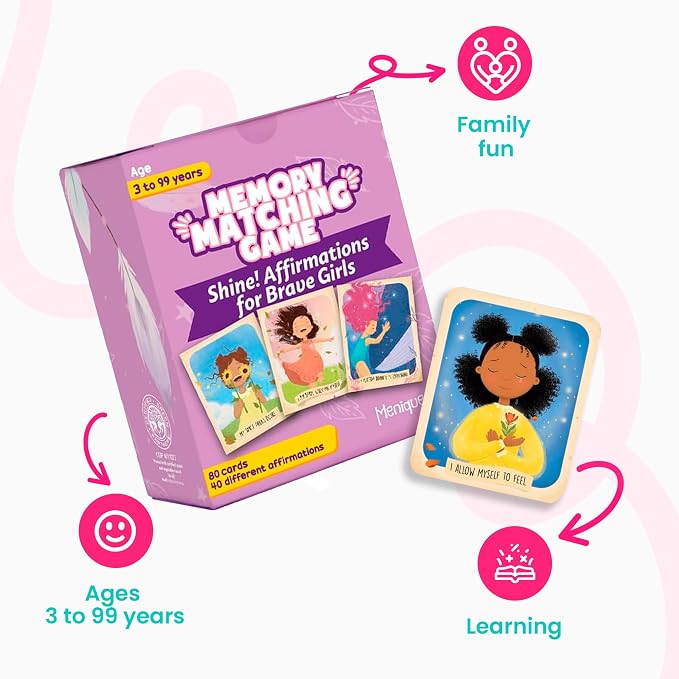 Menique Shine Memory Matching Game – 80 Cards (40 Pairs) with Positive Affirmations for Brave Girls – Motivational & Mindful Matching Game for Confidence and Self-Love