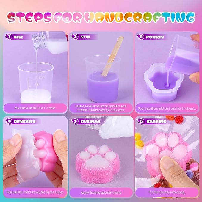 Taba Squishy Making Kit, DIY Taba Squishy Kit, 18oz Liquid Silicone | with 6 Silicone Molds, Bubble-Free Liquid Silicone, Fast 2-3H Cure with Easy Guide, Ultimate Craft Gift for Beginners