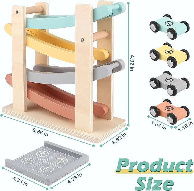 Vanplay Montessori Toys for 1 2 Year Old Boy Gifts - One 1st Birthday Gift | 4 Level Wooden Car Ramp Toy with 4 Mini Cars, All Wood, Fully Assembled, Race Track Car Truck Toys for Toddlers 1-3-2-4