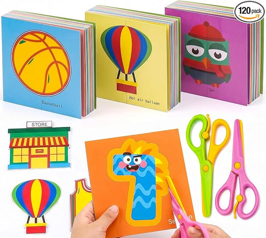 Koogel Toddler Scissors Practice Kit, 2 Safety Scissors & 120 Craft Papers | Ages 3+, Blunt Tip, Cutting for Early Preschool Development Tools, Hand-Eye Coordination, Learn to Cut Line Skill