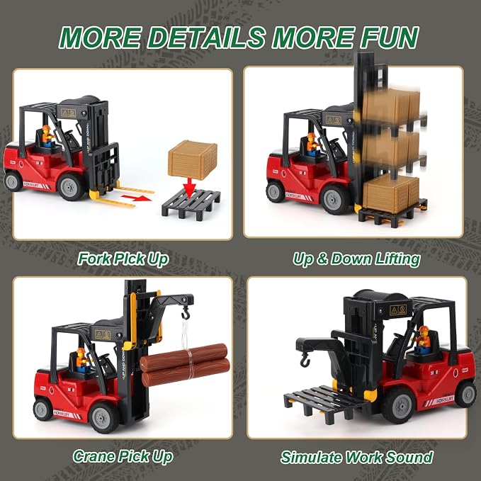 1:24 RC Forklift with Trailer, 2 in 1 Transform Lift Fork & Hook, Kids Forklift Toy with Light & Sound & Spray, 11 Channel Remote Control Forklift, Construction Toy Gift for Kids 6+ (Red)