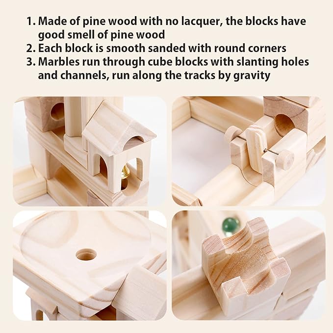 Wooden Marble Run for Kids, 80 Pieces Maze Construction Building Play Set | Wood Building Blocks Toy, Marble Track Maze Game, STEM Educational Learning Toys for Kids