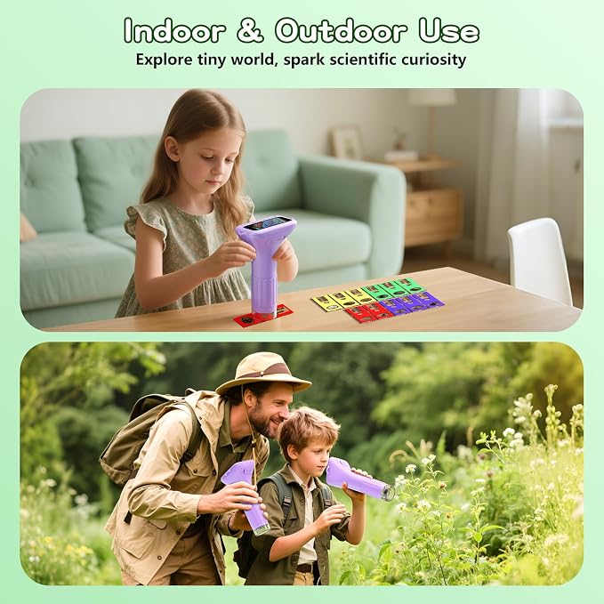 Odatay 1000X Digital Kids Microscope Kit with 12 Slides & 2" Screen, Purple | 1080P Imaging, Fit Ages 3-12, Standalone Pocket Science Edu Toys Gifts, Outdoor Backyard Bugs Exploring, Anti-drop Lanyard