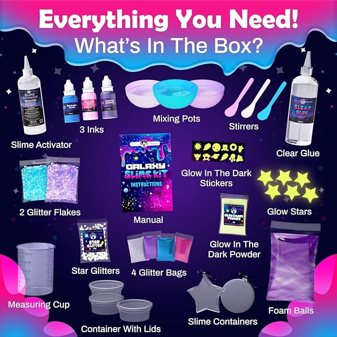 Original Stationery Galaxy Slime Kit for Kids Ages 8–12, DIY Space Slime Set with Glow-in-The-Dark Stickers & Galactic Glitter, Fun Cosmic Craft for Creative Play, Birthday Gift for Boys & Girls