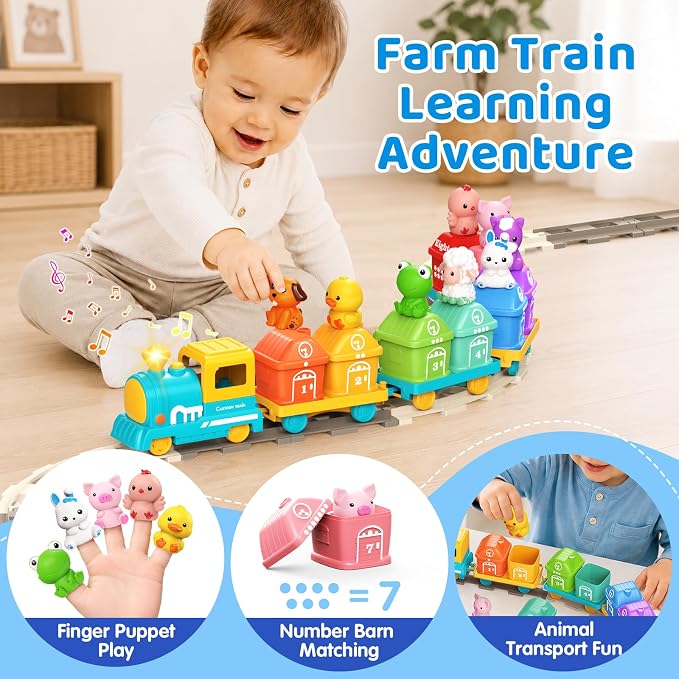 Electric Train Set for Toddler with Farm Animals, Music & Lights, Ages 2-4 | Montessori Self-Moving Electric Train Set, 37 PCS with 8 Numbered Barns and Animal Finger Puppets for Counting and Sorting