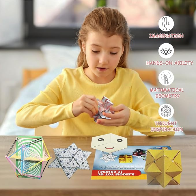 Foraineleyo 3D Paper Folding STEM Kit - Hands-On Math & Geometry Toy Set with 5 Origami Models, Step-by-Step Tutorials & Video Guides for Kids Ages 6-12, Educational DIY Craft Gift