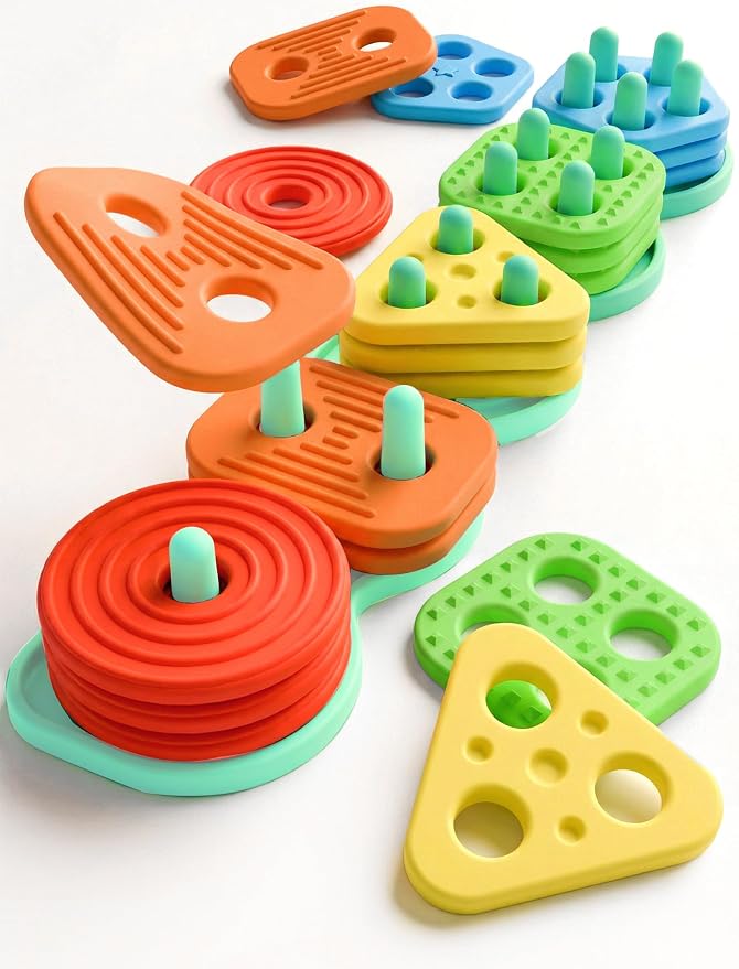 Silicone Shape Sorting & Stacking Toys - Montessori Toys for Toddlers 1-3 | Soft Safe Food Grade Silicone | 20pcs Textured Color Blocks | Learning Sensory Toy | 1 2 3 4 Year Old Boy Girl Birthday Gifts