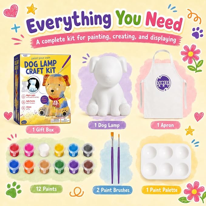Paint Your Own Dog Lamp Kit, Crafts for Kids Ages 6-12, Gifts for Girls Boy | Dog painting kit with paints and 3D night light; arts and crafts activity, room decor and birthday gifts for kids ages 6-12