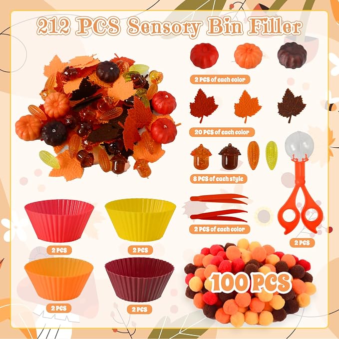 212Pcs Fall Sensory Bin Filler Fine Motor Toys Thanksgiving Sensory Bin Items Counting Sorting Toy 100 Pompoms 60 Felt Leaves 16 Acorns 16 Corns 6 Foam Pumkins for Preschool Education Activities