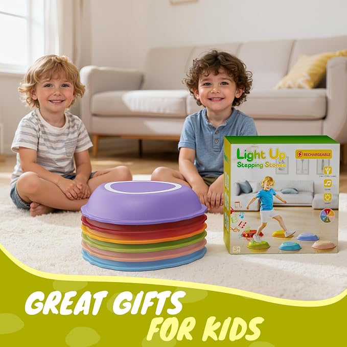 Rechargeable Stepping Stones for Kids, 6pcs Non-Slip Balance Sensory Toys for Toddler, Kids Music & Light Up Indoor and Outdoor Play Equipment, Birthday Gifts Toys for 2 3 4 5+ Year Old Kids