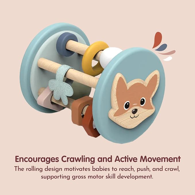 Fox Roller Rattle Baby Toy Wooden Sensory Rolling Toy 6M+ | fox roller sensory design, wooden rattle, baby rattle, infant toys, grasping fine motor, auditory play, newborn boys girls