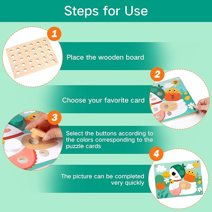 Button Art Toys for Toddlers, Mosaic Peg Board Toddler Color Matching Game | Wooden Puzzles for Toddlers 3-5, Color Matching Mosaic Pegboard with 30Button & 16Card Learning Resources Gift for Boys Girls