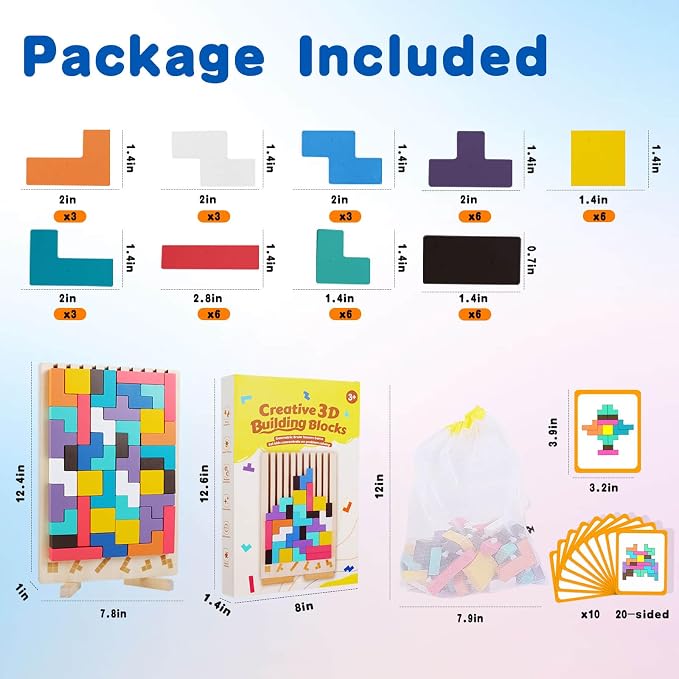 Wooden Colored 3D Russian Block Stacking Puzzle, Montessori Educational Toy Gifts for Toddlers Ages 3+ Fun Brain Teasers Family Board Game and Classroom Activities