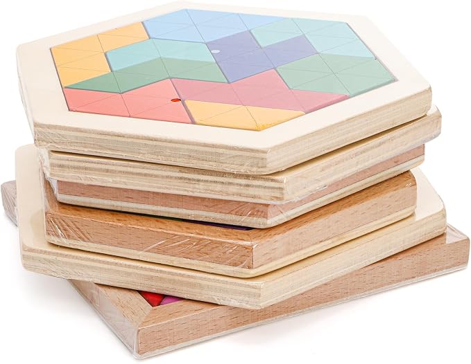 Yopay 6 Pack Wooden Tangrams Puzzles for Kids, 6 Styles Brain Teaser Hexagon Puzzle Block Geometric Shapes Jigsaw 3D Logic IQ Game