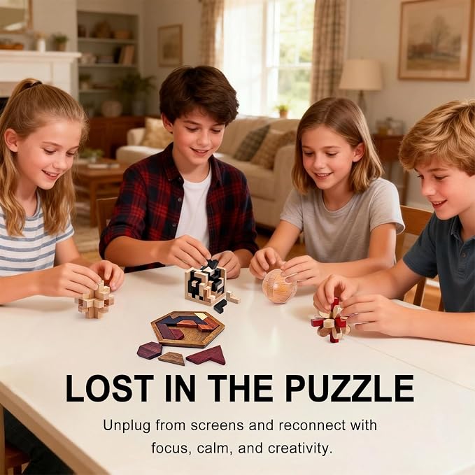 5PCS Wooden Puzzles for Adults & Kids – Cube & Shape Brain Teasers, Logic & Educational Games, Family Fun