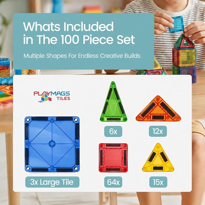 Playmags Mini Magnetic Tiles for Kids 100-Piece Set | Travel Magnetic Blocks | STEM Sensory Educational Toys | Portable Toddler Building Toys | Gift for Boys & Girls Ages 3