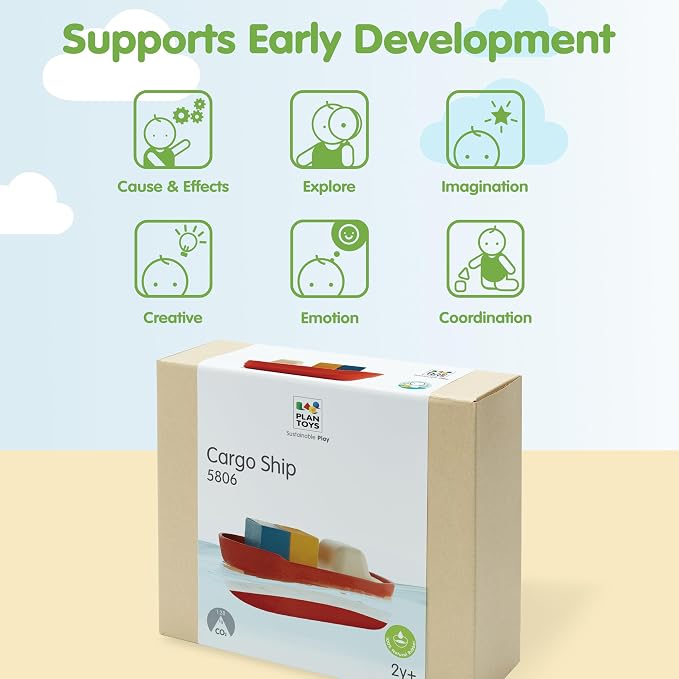 PlanToys® Cargo Ship Bath Toy for Toddlers Floating Boat Water Play Kids | floating boat, cargo blocks, cars bath toys, girls, boys, montessori educational, imaginative fine motor gift preschool set