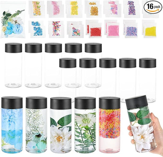YEXEXINM 16pcs Empty Sensory Bottles Kits, 300 ml Leakproof Clear Plastic Sensory Bottle with Lids with Sequins Accessories, Reusable Water Bottles for Sensory Crafts Handmade Party Supply