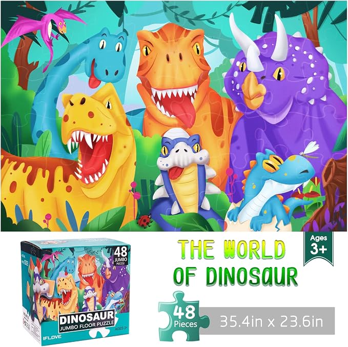 Jumbo Floor Puzzle for Kids,48 Piece Dinosaur Jigsaw Puzzle Ages 3-8 | Large Puzzle,Extra-thick Cardboard,Preschool Learning Toy,35x24 in Completed,Ages 3-8,Birthday Gift for Boys and Girls