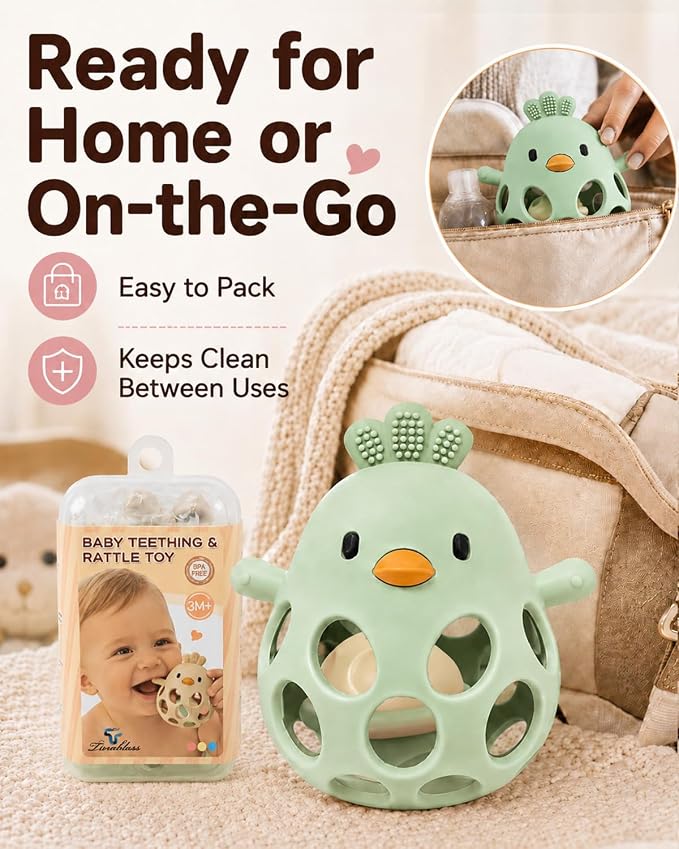 Tinabless 2-in-1 Baby Teether Rattle Toy, Easy Grip Silicone Teething Toy for Babies 3-12 Months, BPA-Free Sensory Chew Toy for Sore Gums, Infant Shower Gift (Green w/Rattle)