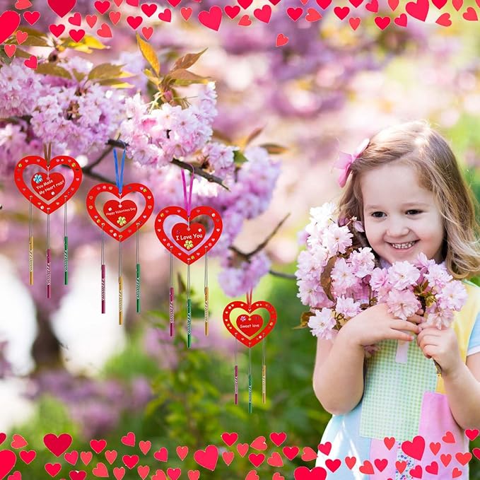 Fennoral 27 Pack Heart Wind Chime Kit for Kids Make You Own Red Heart Wind Chimes Mother's Day Wooden Ornaments for Kids Art and Craft Mothers Day Gifts Party Decoration