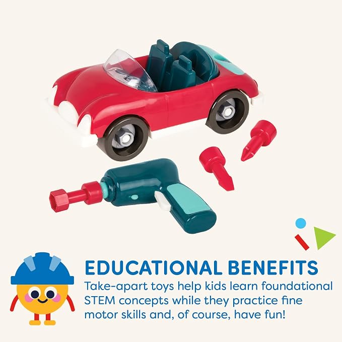 Battat Roadster Toy Drill Sports Car Building Set, Red, Roadster Car, Take | 22-piece toy vehicle with 18 roadster parts, battery-powered drill, and 3 bits for building play, Roadster Car, 3+ Years