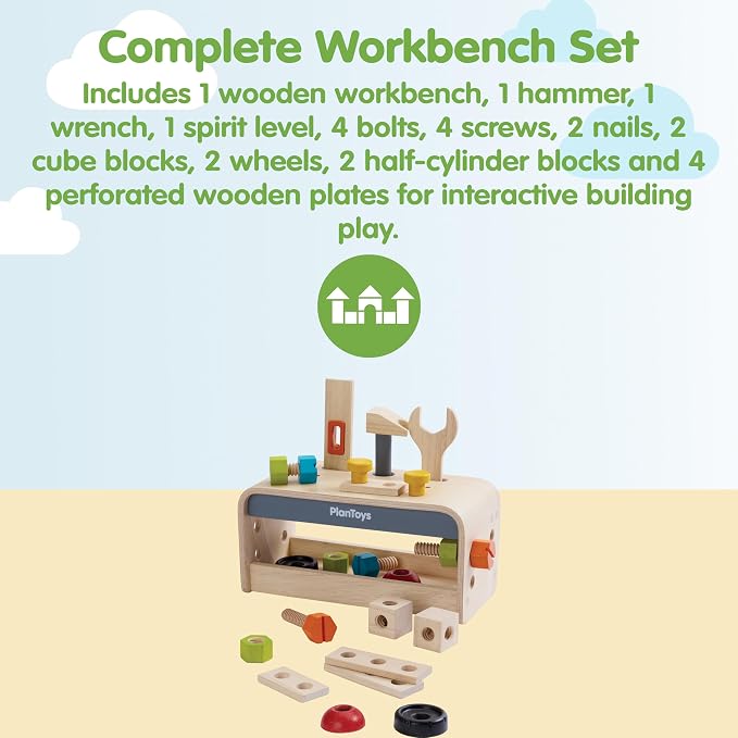 PlanToys® Wooden Little Tool Bench Montessori Construction Kids STEM Toy | hammer, wrench, screwdriver, kids tool set, girls, boys, fine motor problem solving imaginative role play gift preschool