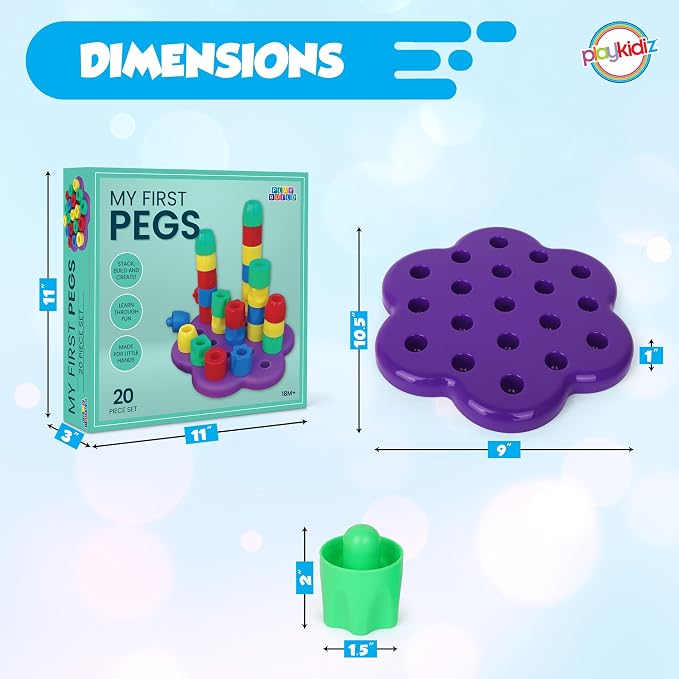 My First Pegs Playset, Large Colored and Fun Shape Stacker Plastic Pegs, Baby and Toddler Peg Board Toys, Play and Learn STEM Toy, Fine Motor Skills, Ages 18m+