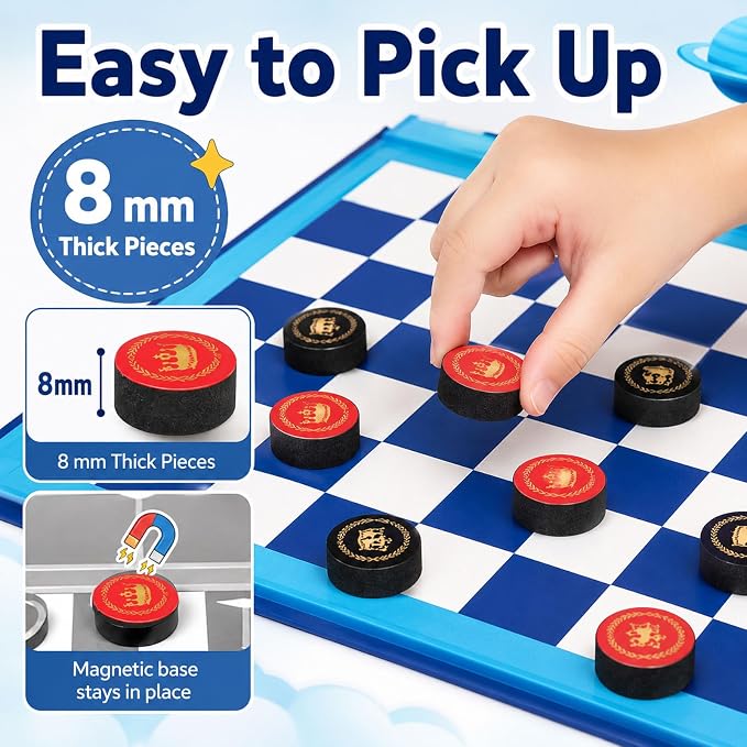 TRAVOFUN Magnetic Checkers Board Game | Travel Games for Kids 8-12 | Foldable travel checkers game with tic-tac-toe keeps magnetic pieces secure for car rides, flights, camping, and family play.