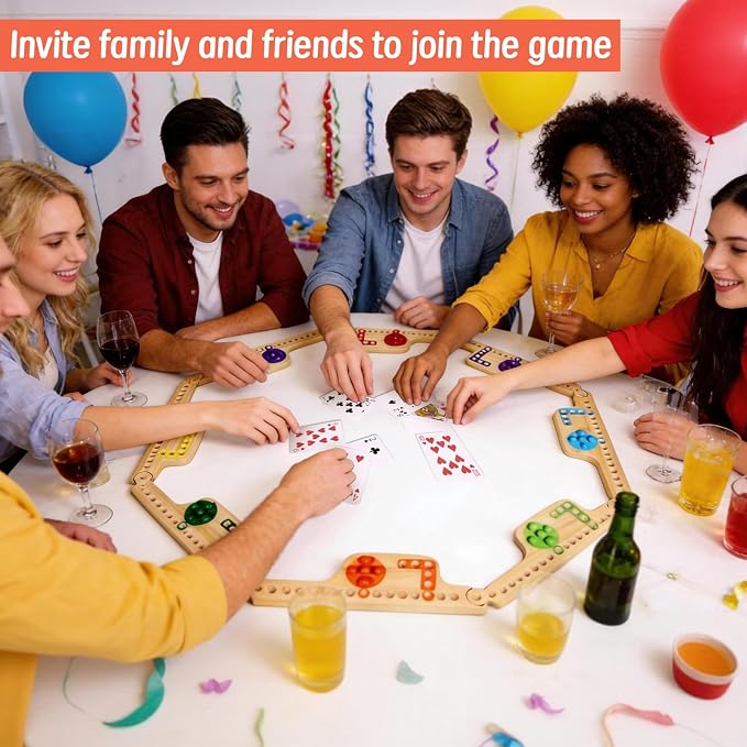 Jokers and Marbles Board Game Wooden Pegs and Jokers Game 2-8 Players | 8 Wood Game Boards 8 Colors 40 Marbles 4 Decks of Cards Instructions Family Tabletop Game Gift for Adults and Families