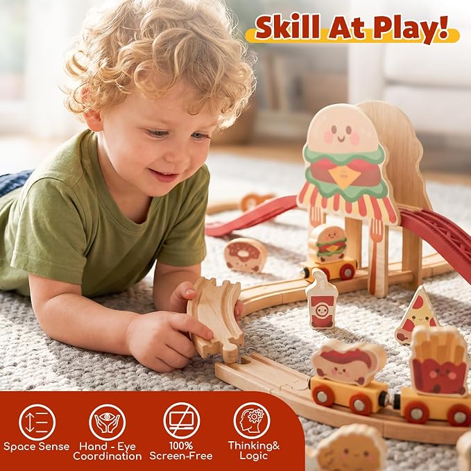 Lehoo Castle Wooden Train Set for Toddlers, Burger-Themed Train Track Set | Expandable Wooden Railway Playset, Compatible with Most Wooden Tracks, Birthday Gift for Boys & Girls Ages 3+